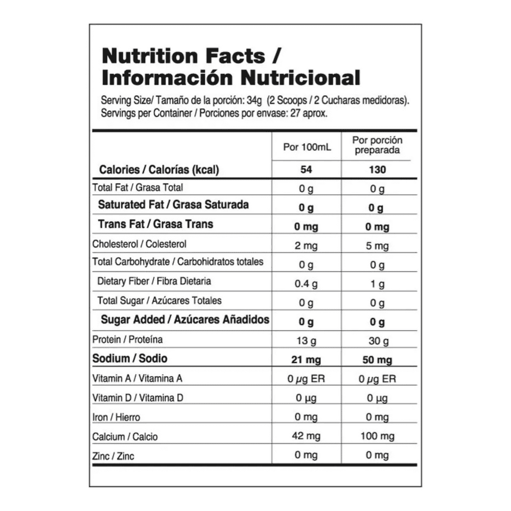 Tabla nutricional de la proteína Isolate Gourmet de 2 libras de Vitanas.