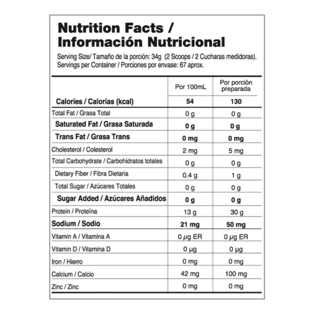 Tabla nutricional de Isolate Gourmet, mostrando su perfil bajo en carbohidratos y alto en proteína.