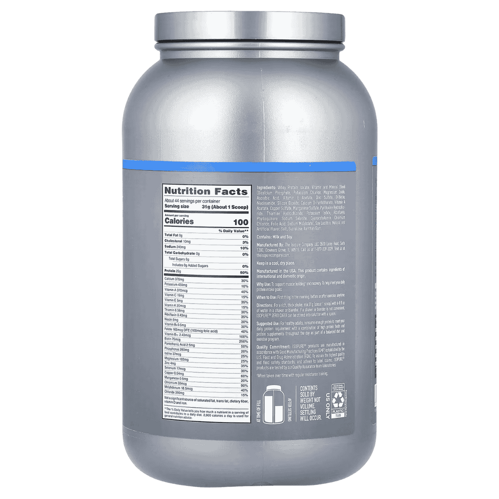 Tabla nutricional de Isopure, mostrando cero carbohidratos y 25g de proteína por servicio.