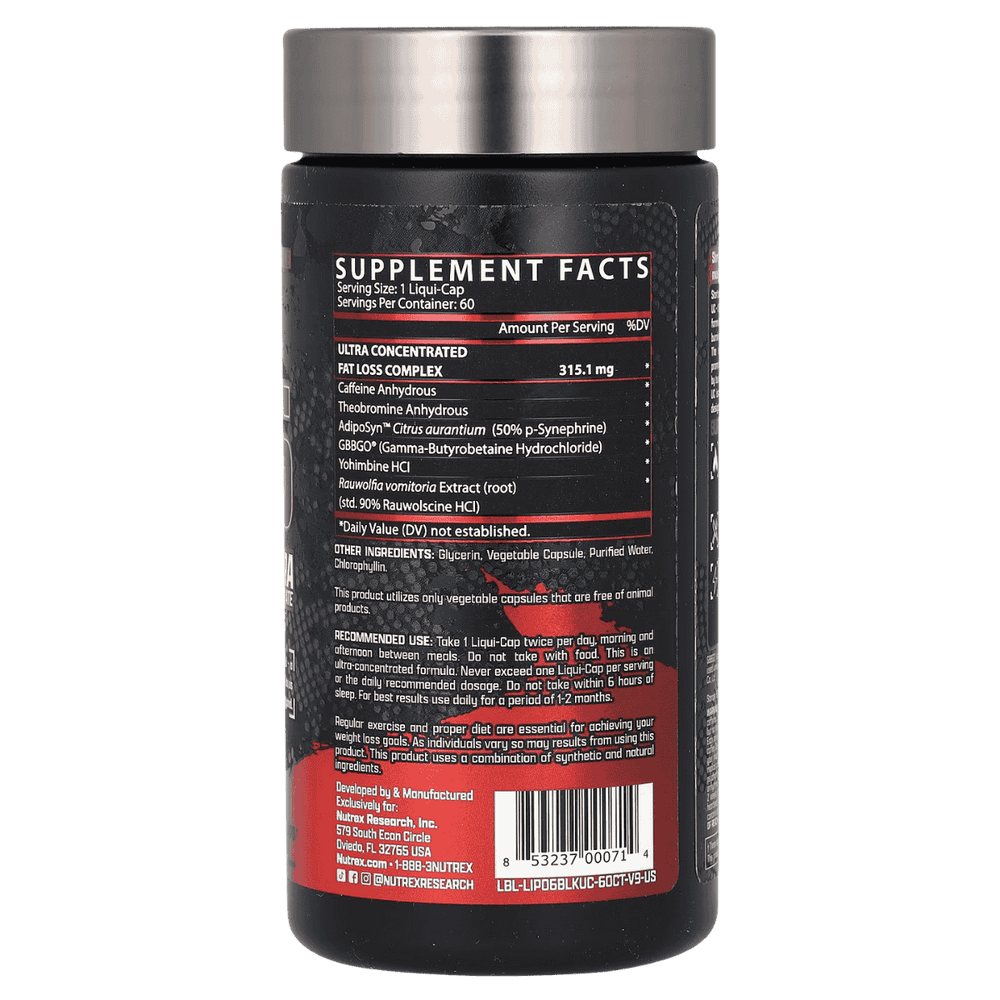 Tabla de ingredientes de Lipo-6 Black Hardcore, mostrando su matriz estimulante extrema.