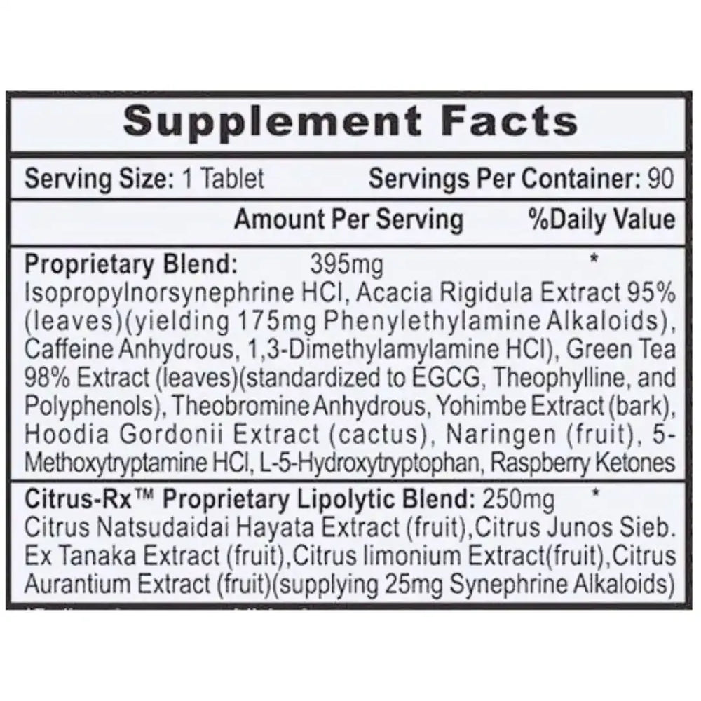 Tabla de ingredientes de Lipodrene Hardcore, mostrando su matriz termogénica hardcore.