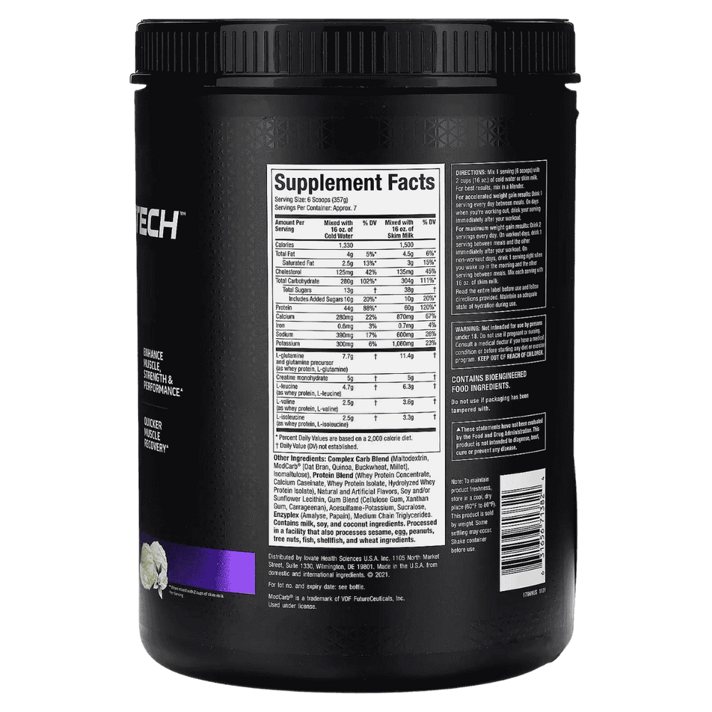 Tabla nutricional de Mass-Tech Extreme 2000, mostrando su masivo aporte calórico.