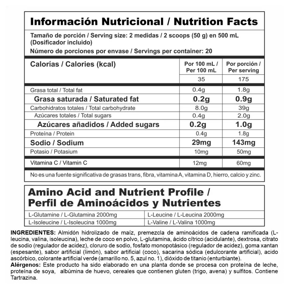 Tabla nutricional de Mega Carbs mostrando su alto aporte de carbohidratos por servicio para energía.