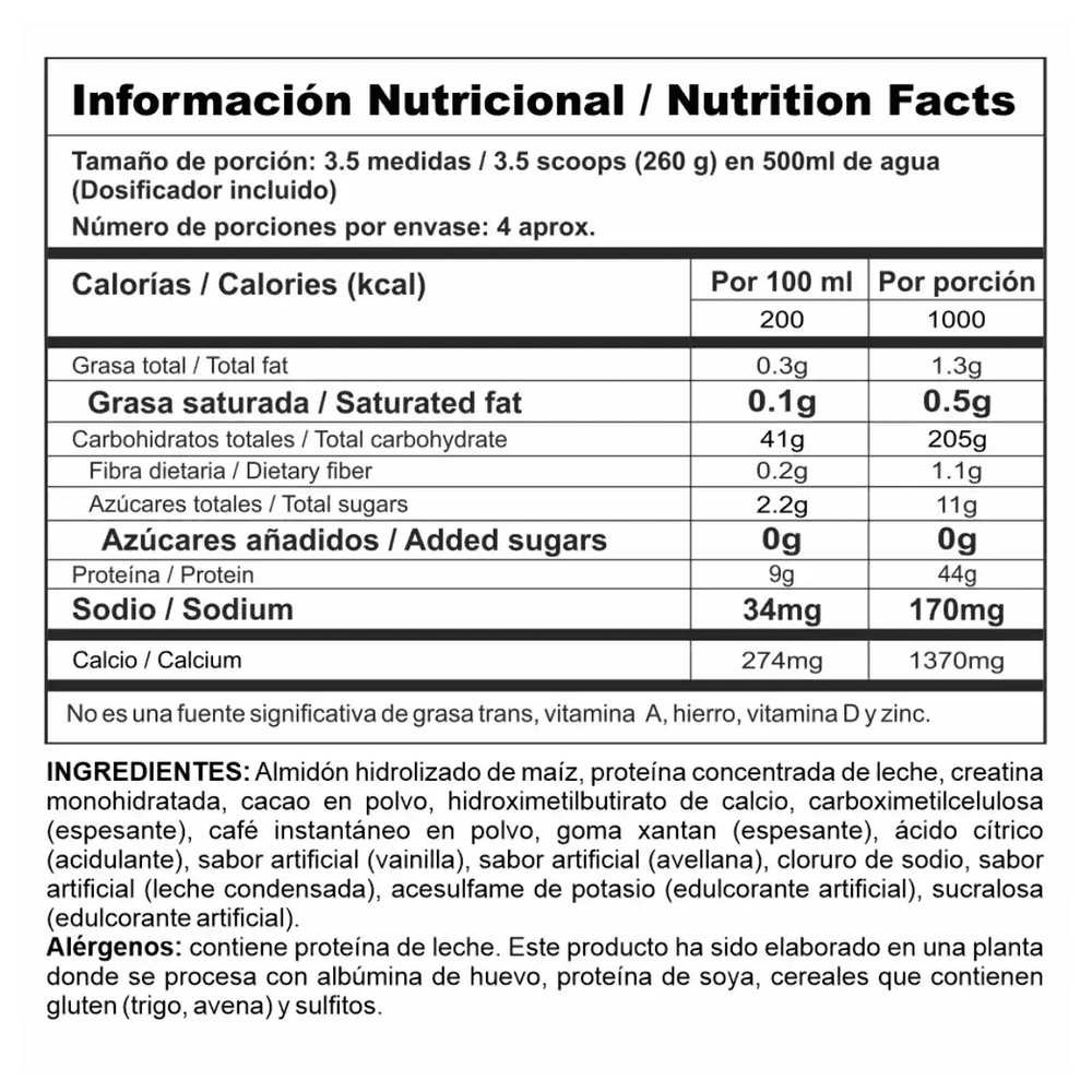 Tabla nutricional del ganador de peso Megaplex Creatine Power.