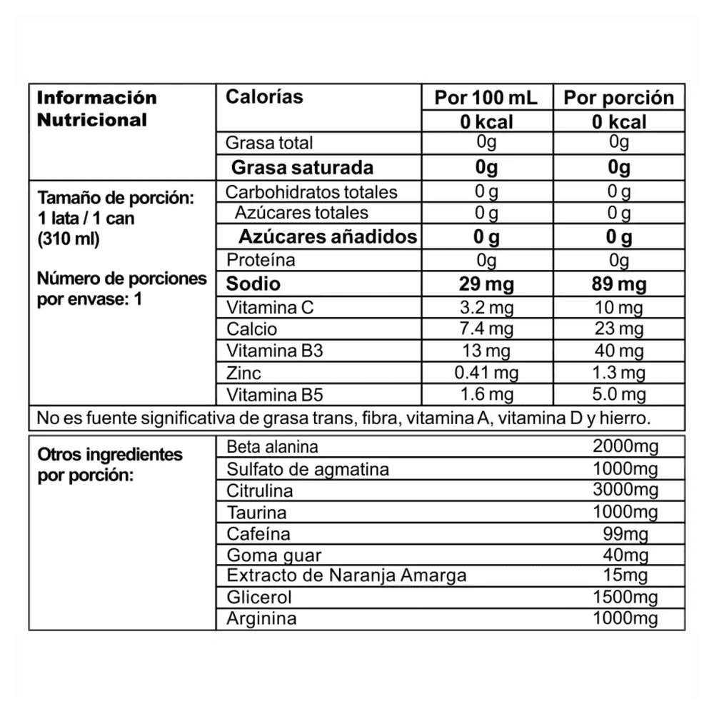 Tabla nutricional de la bebida pre-entrenamiento Myth de Nutramerican.