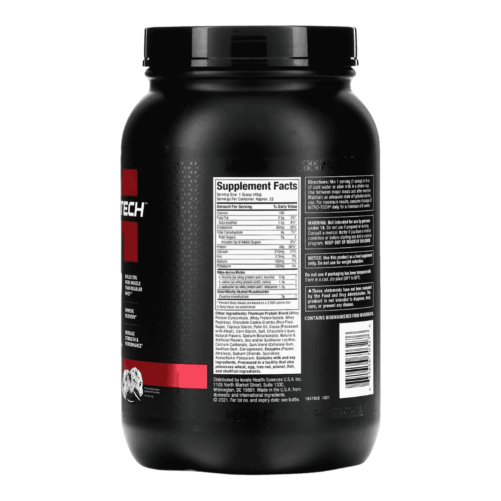 Tabla nutricional de Nitro-Tech 2 lbs, mostrando su fórmula con 30g de proteína y 3g de creatina.