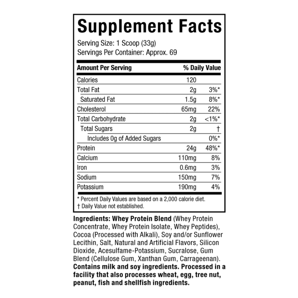 Tabla nutricional de Nitro-Tech Whey Gold, mostrando 24g de proteína y 5.5g de BCAAs.