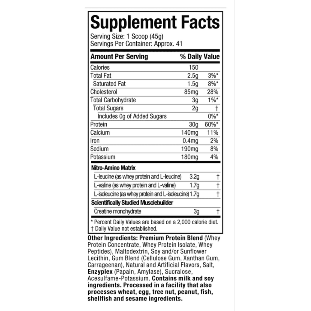 Tabla nutricional de Nitro-Tech, mostrando 30g de proteína y 3g de creatina por servicio.