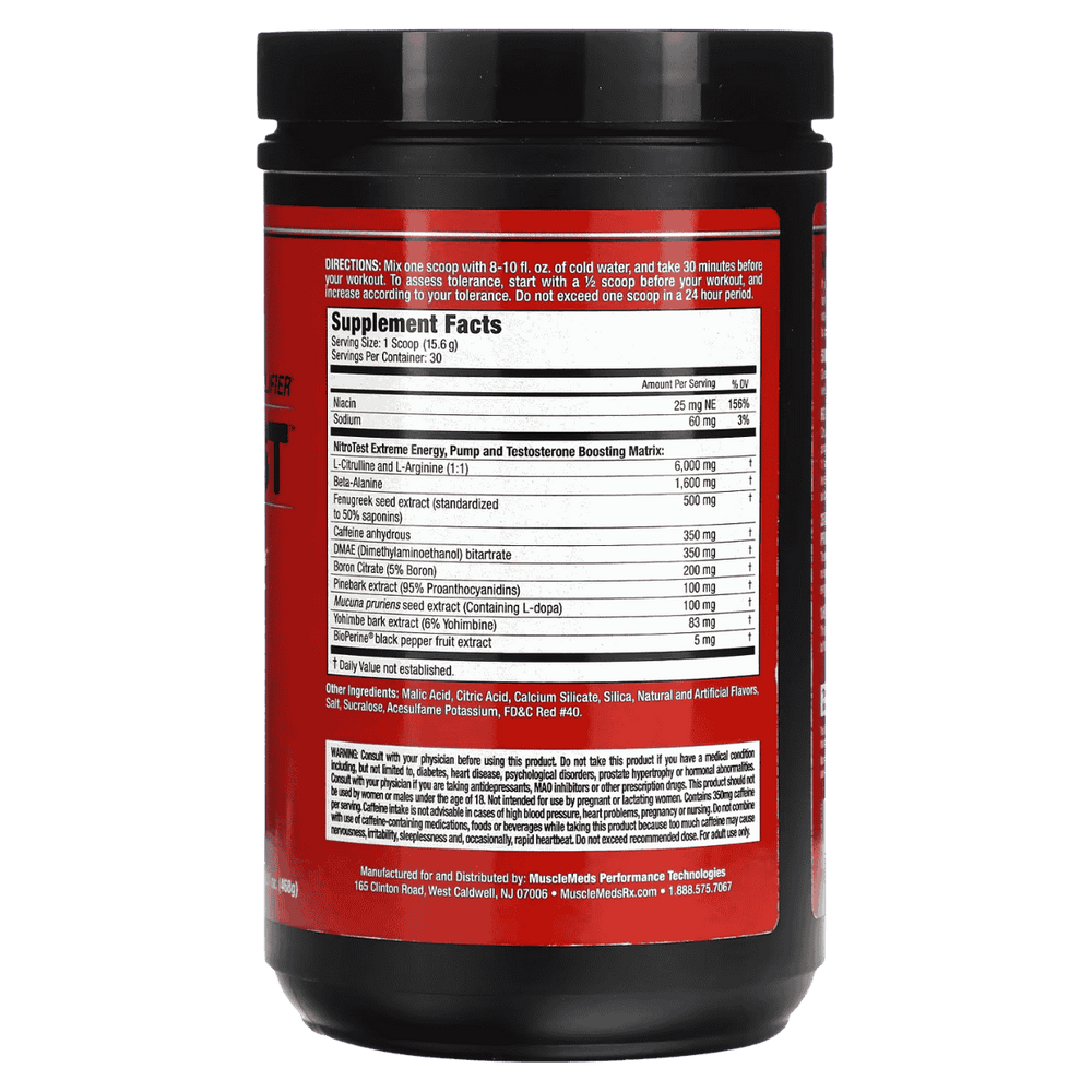 Tabla de ingredientes de Nitro Test, mostrando su matriz de soporte de testosterona y óxido nítrico.