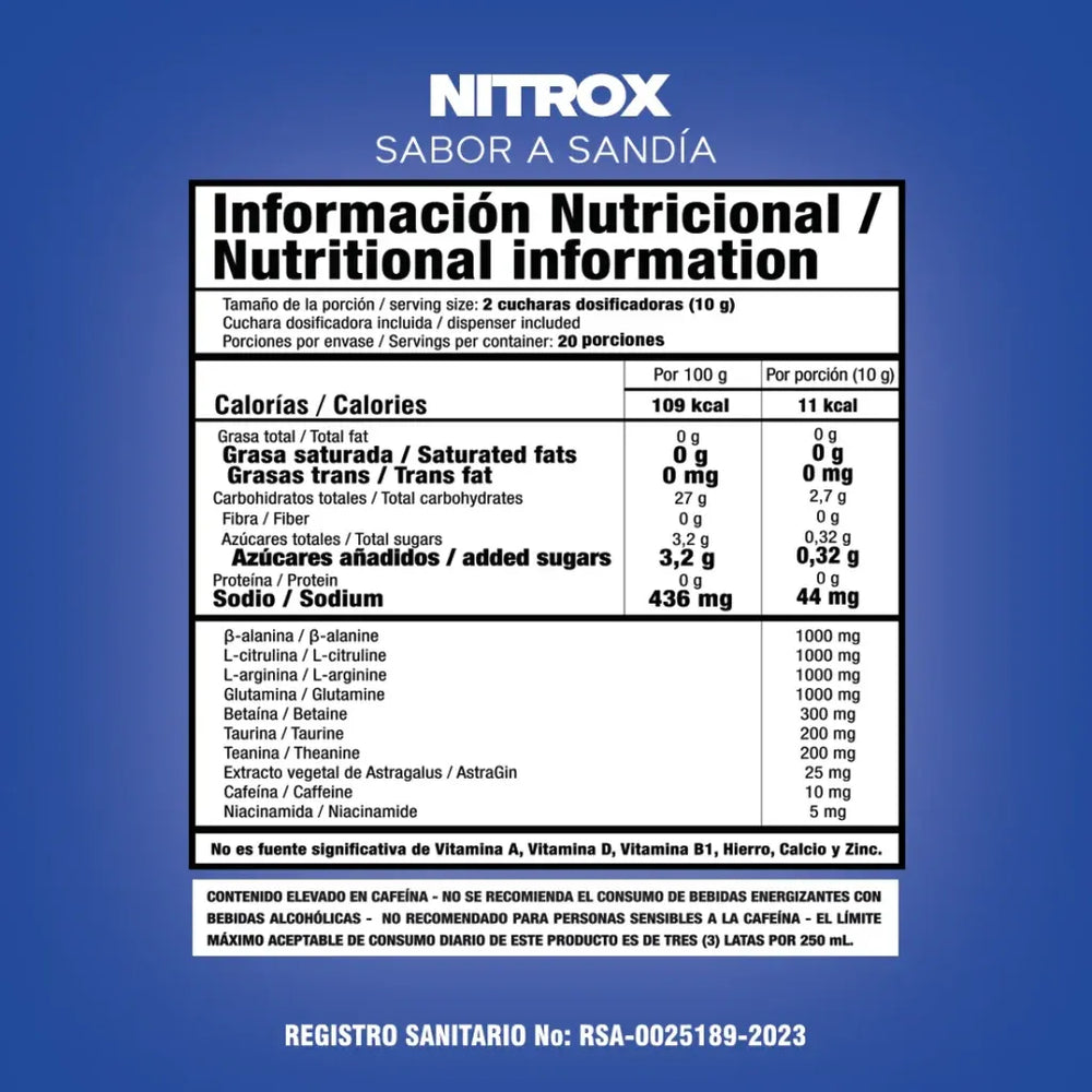Tabla nutricional de Nitrox, mostrando su fórmula de precursores de óxido nítrico como L-Citrulina.