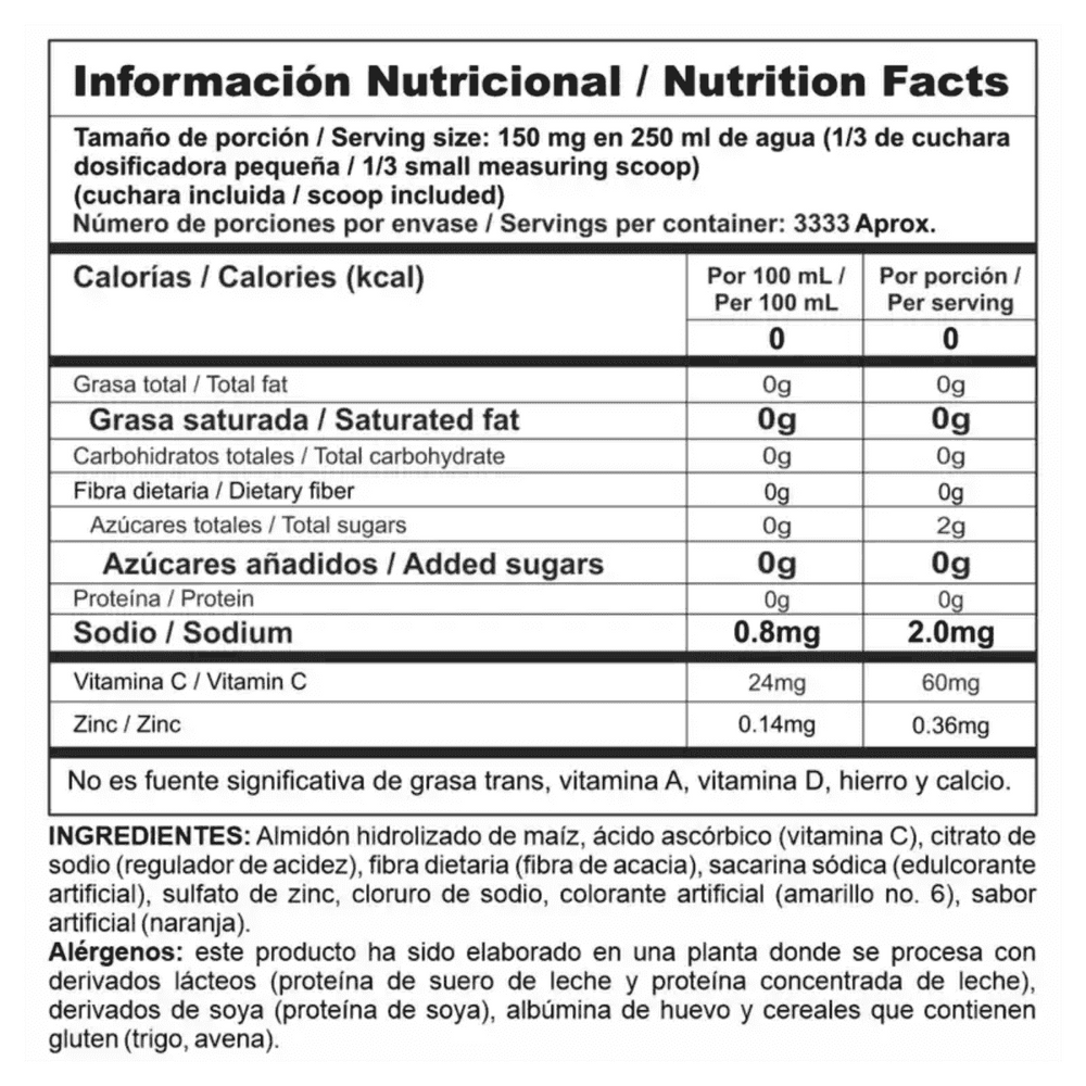 Información nutricional de Nutra-C, mostrando Vitamina C pura (ácido ascórbico).