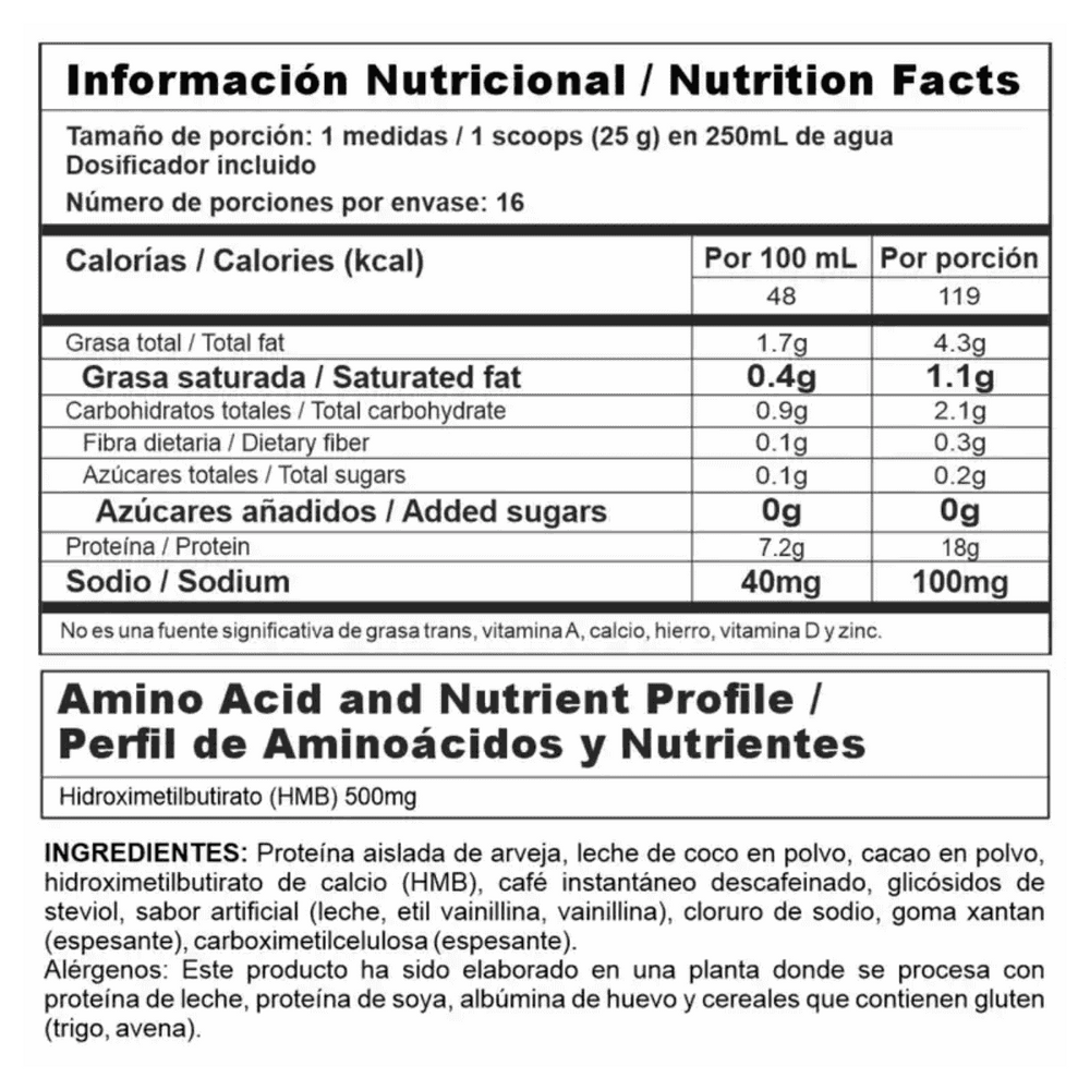 Tabla nutricional de Nutra Vegan Protein, mostrando su perfil de aminoácidos de origen vegetal.