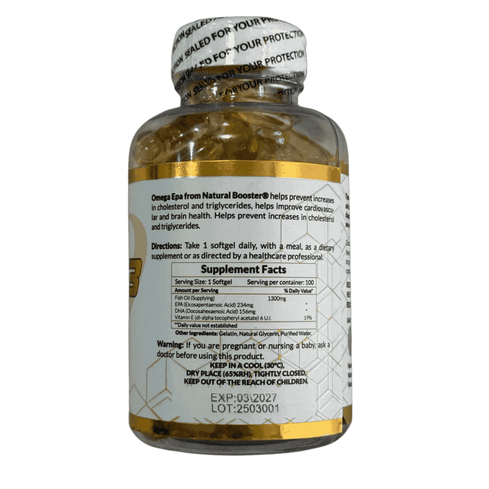 Tabla nutricional del Omega 3 de Dimetrix, mostrando el contenido de EPA y DHA.