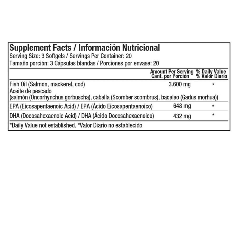 Tabla nutricional del Omega-3 de Healthy America, mostrando el contenido de EPA y DHA.
