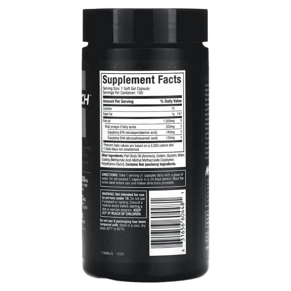 Tabla nutricional del Omega 3 de Muscletech, mostrando el contenido de EPA y DHA.