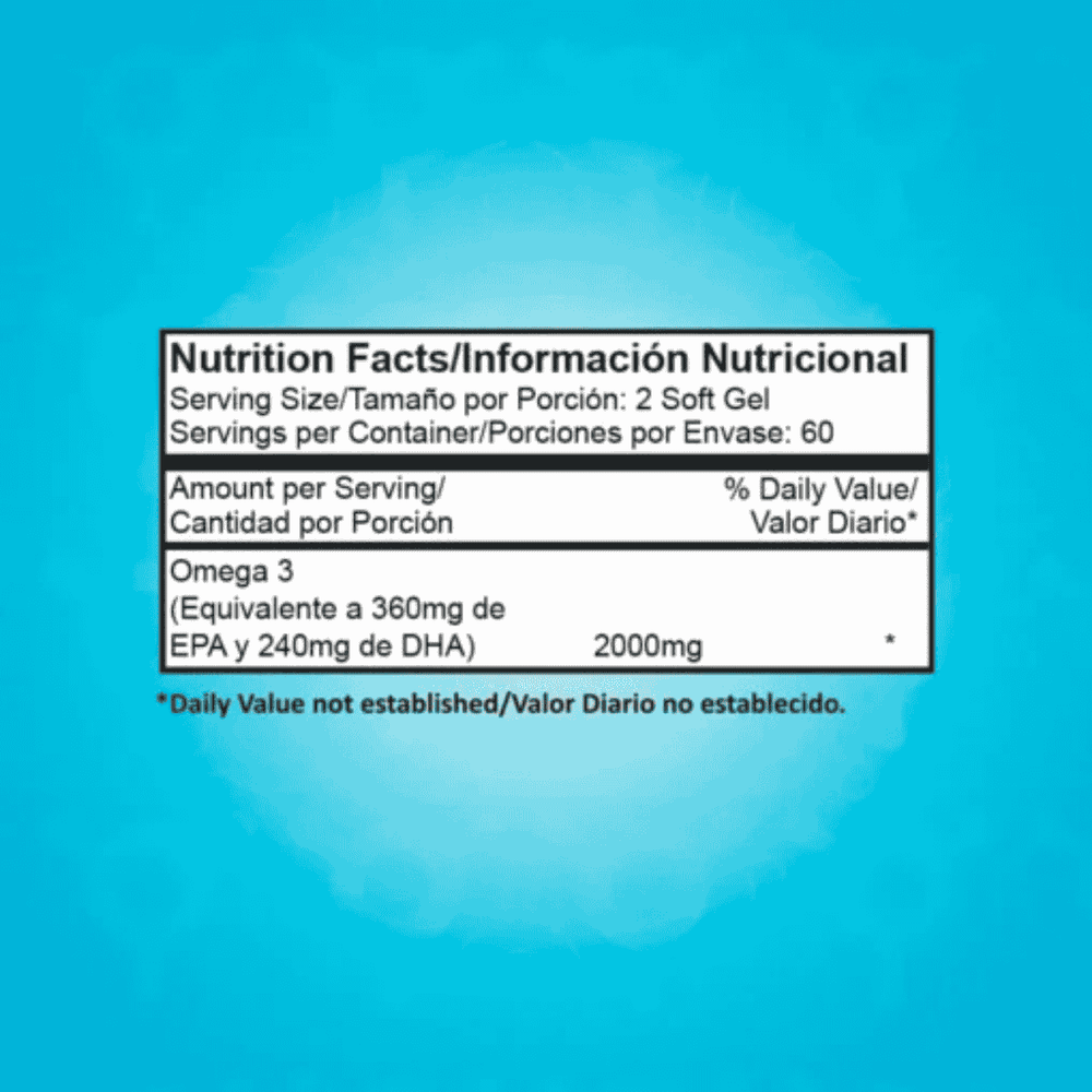 Tabla nutricional de Omega 3 Proscience, mostrando el contenido de EPA y DHA.