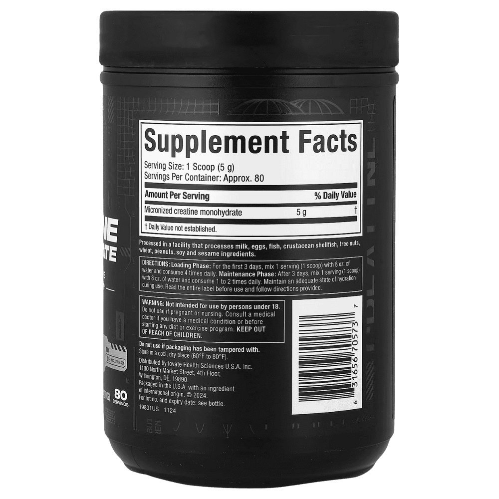 Tabla nutricional de Platinum Creatine, mostrando 5g de creatina monohidratada micronizada por servicio.