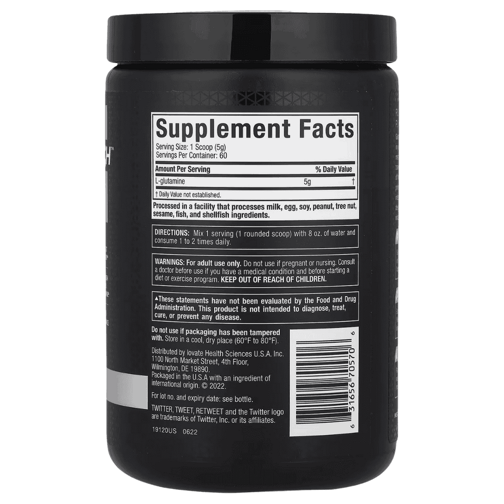 Tabla nutricional de Platinum Glutamine, mostrando 5g de L-Glutamina pura por servicio.