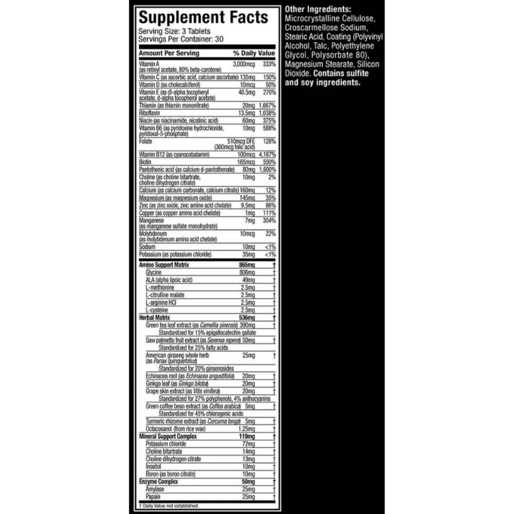 Tabla nutricional completa de Platinum Multivitamin, mostrando sus vitaminas, minerales y matrices de soporte.