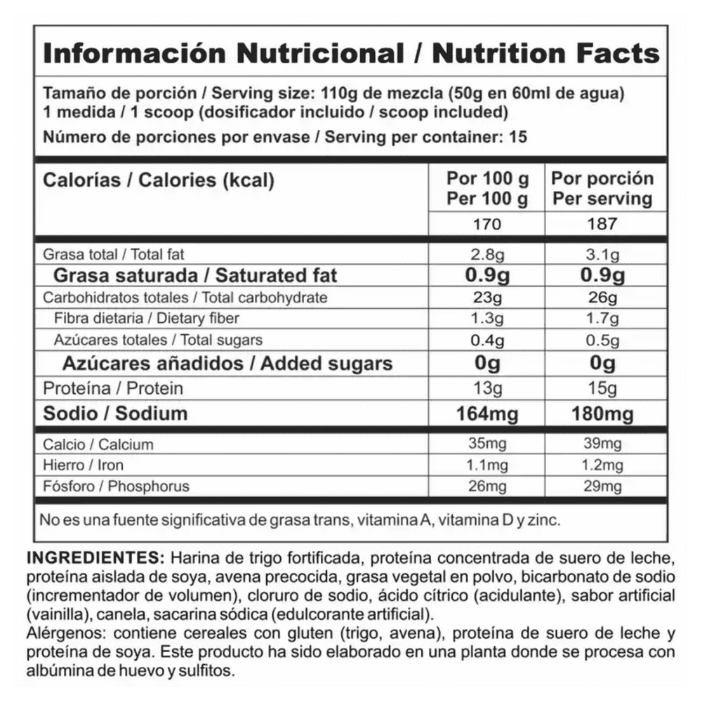 Tabla nutricional de la mezcla para Protein Pancakes de Nutramerican.