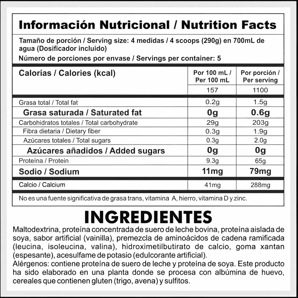 Tabla nutricional del ganador de peso Gainz, mostrando su fórmula con creatina y BCAAs.