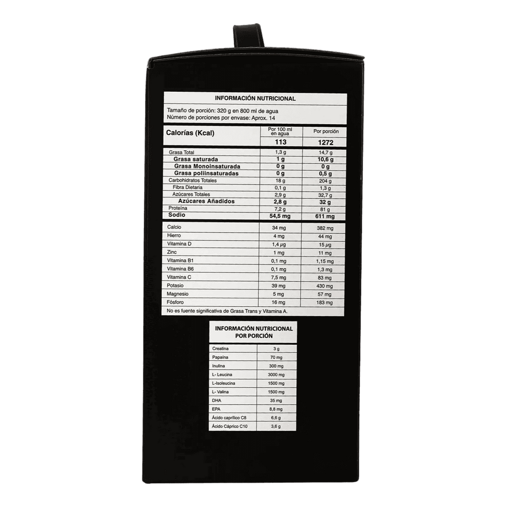 Tabla nutricional de la proteína hipercalórica TNT de 10 libras.