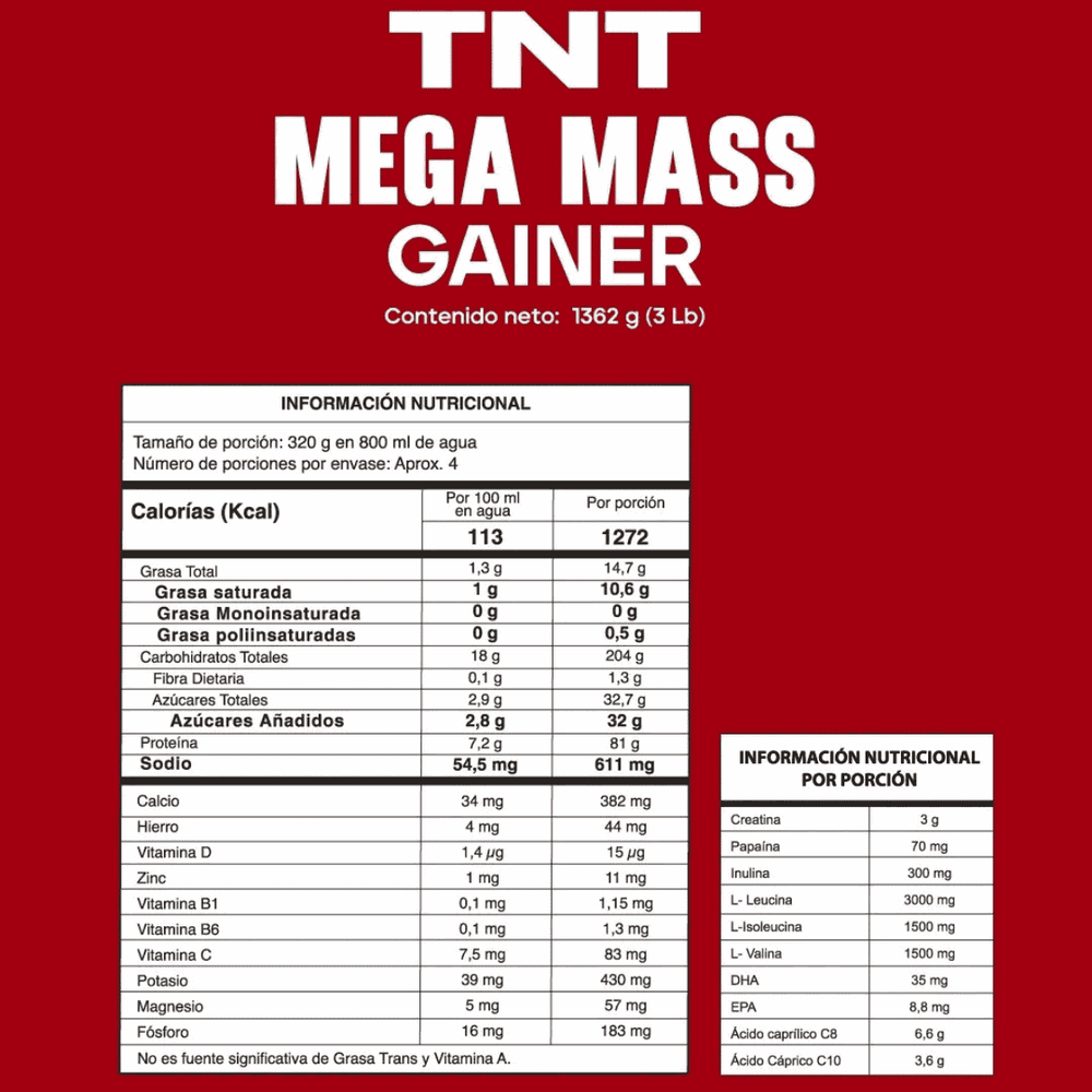 Tabla nutricional de la proteína hipercalórica TNT, mostrando su aporte de calorías y proteína.