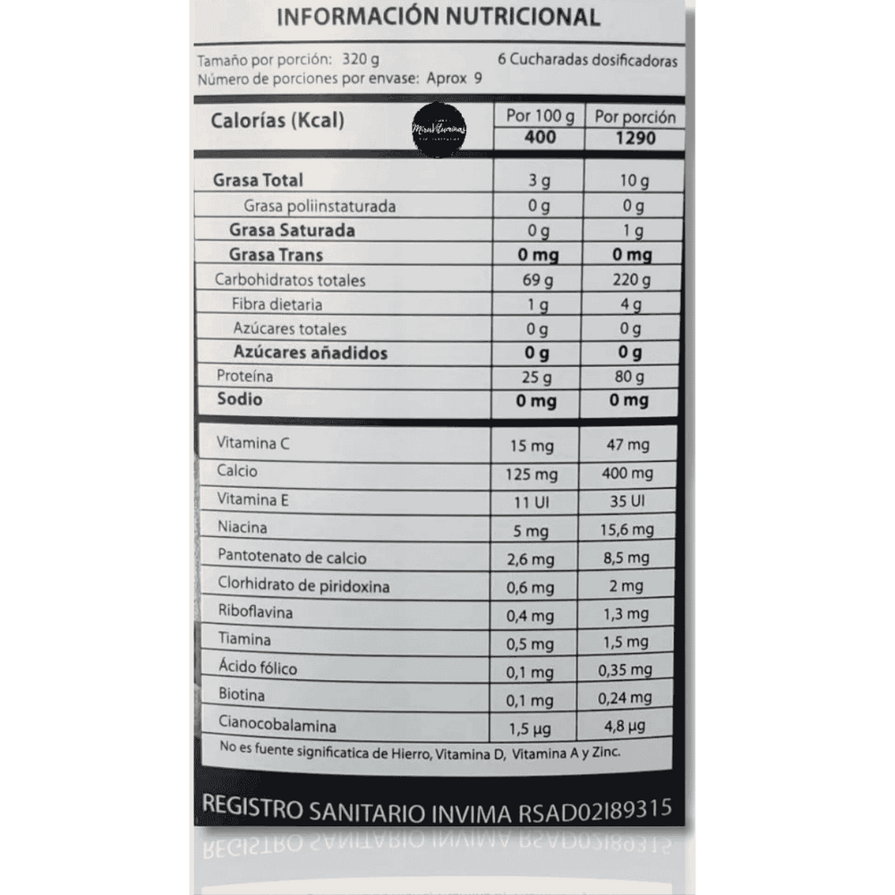 Tabla nutricional de la proteína hipercalórica TNT de 6 libras.