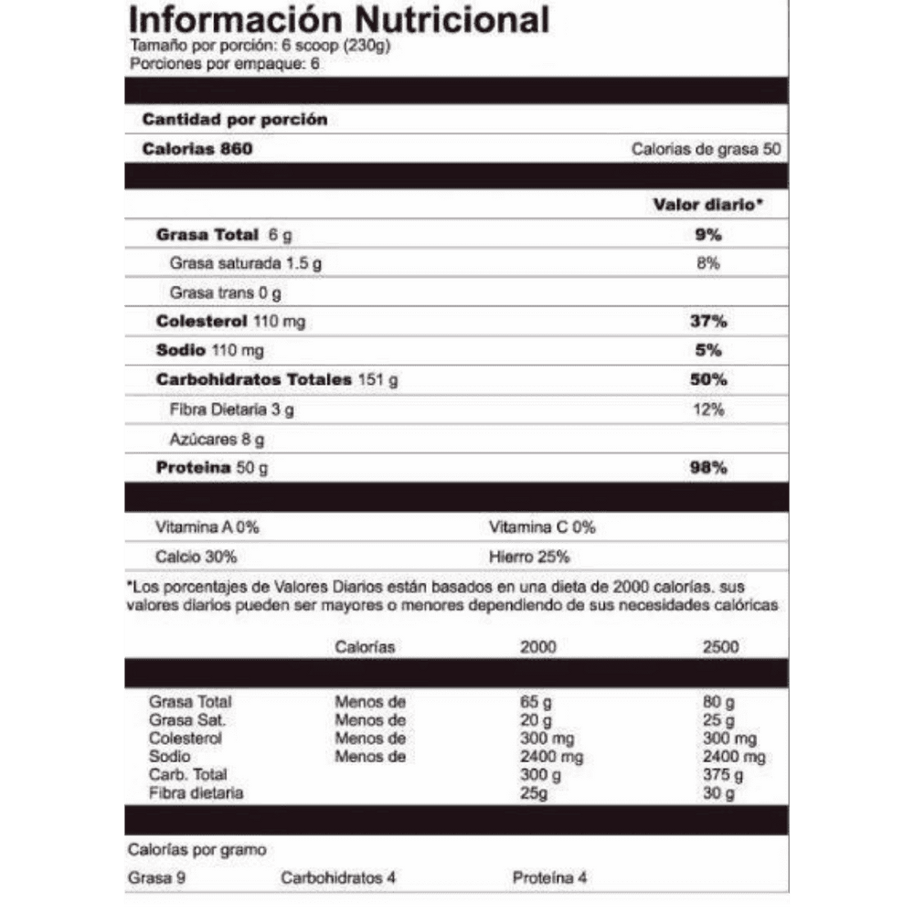 Tabla nutricional de Proton + Gainer, mostrando su alto aporte de proteína por porción calórica.