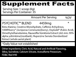 Tabla nutricional del pre-entreno Psychotic clásico, mostrando su matriz de energía y enfoque.