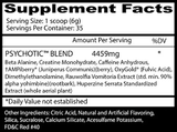 Tabla nutricional del pre-entreno Psychotic clásico, mostrando su matriz de energía y enfoque.