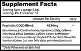 Tabla nutricional del pre-entreno Psychotic Gold mostrando su matriz de estimulantes y componentes para bombeo.

