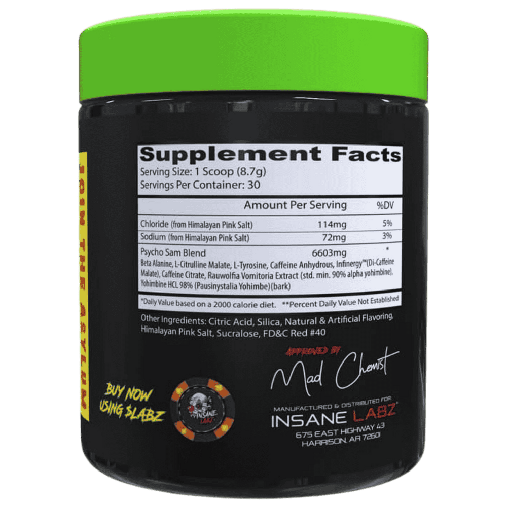 Tabla de ingredientes de Psychotic SAM, mostrando su matriz de energía y enfoque dominante.