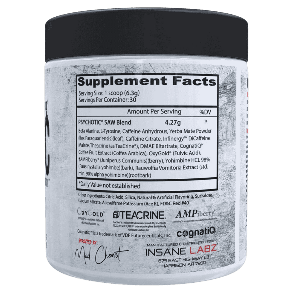 Tabla de ingredientes de Psychotic SAW, mostrando su matriz de energía y enfoque extremo.