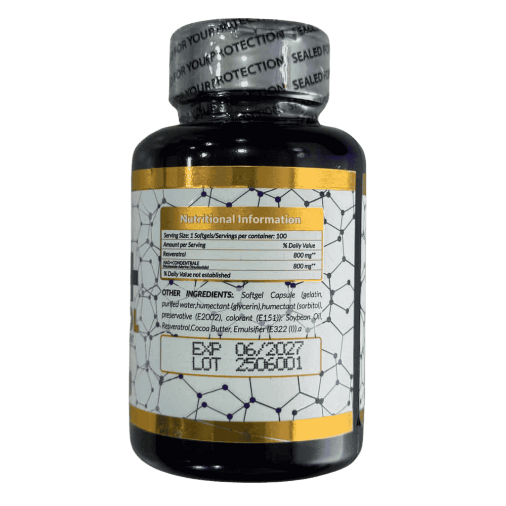 Tabla de ingredientes de Resveratrol + NAD, mostrando su fórmula para la longevidad.