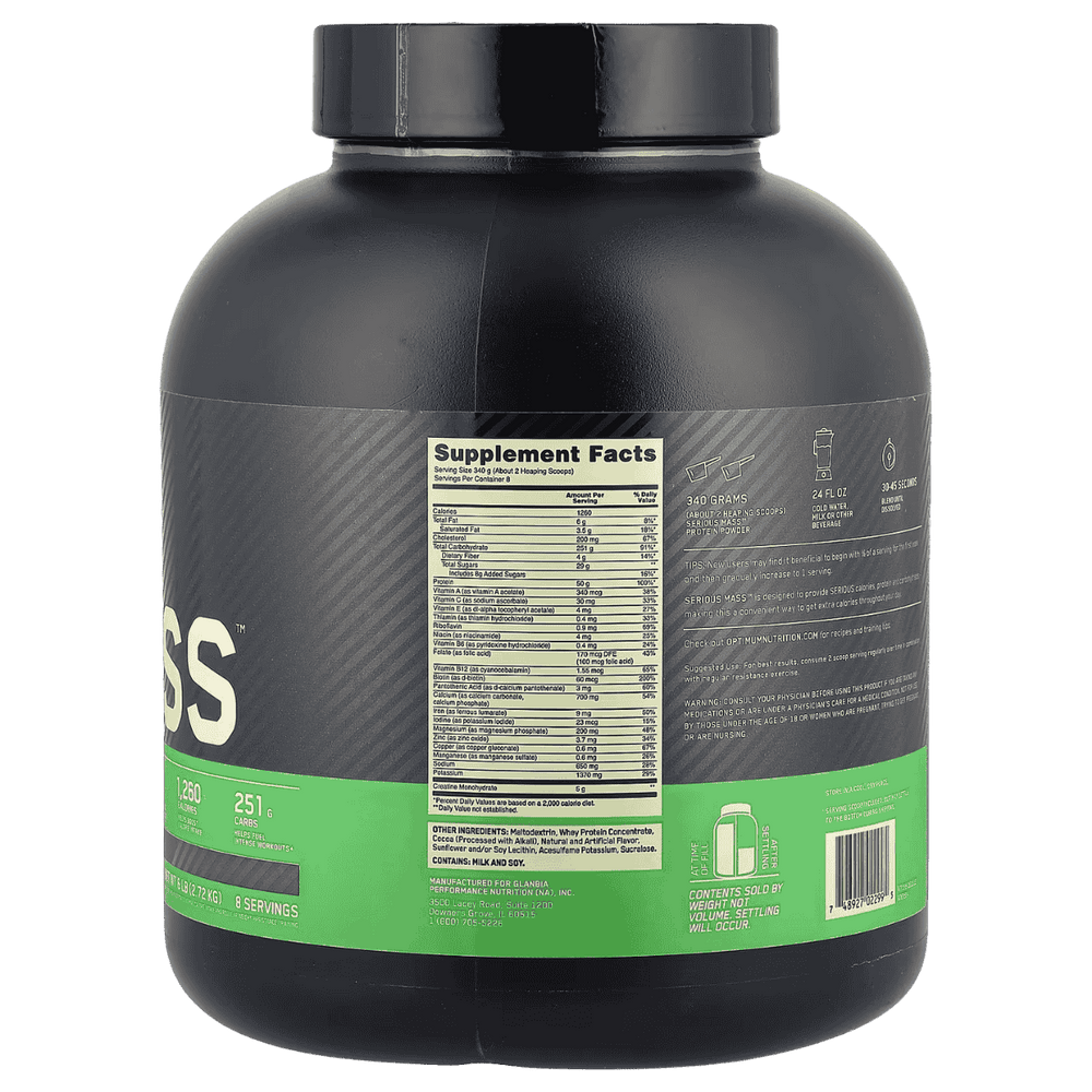 Tabla nutricional de Serious Mass, mostrando su masivo aporte de 1250 calorías y 50g de proteína.