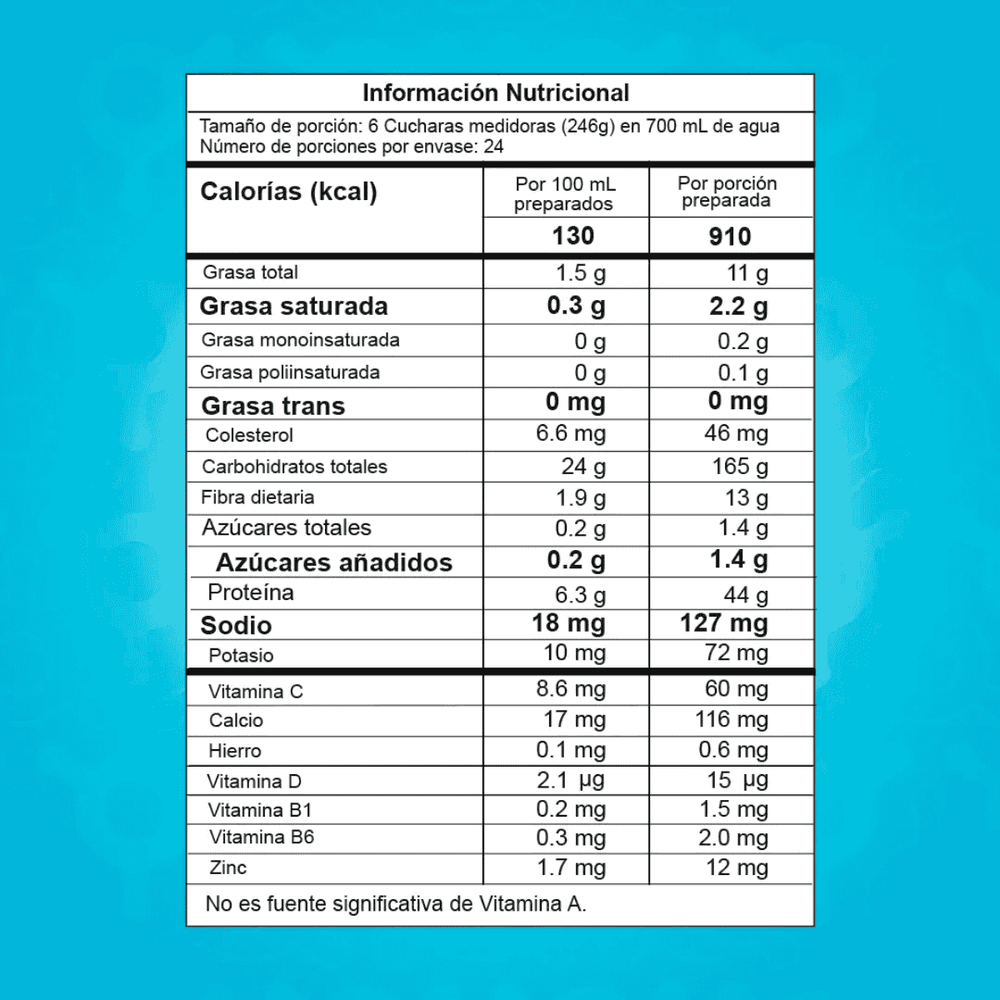 Tabla de ingredientes de Smart Gainer, mostrando su fórmula con harina de avena y proteína de suero.