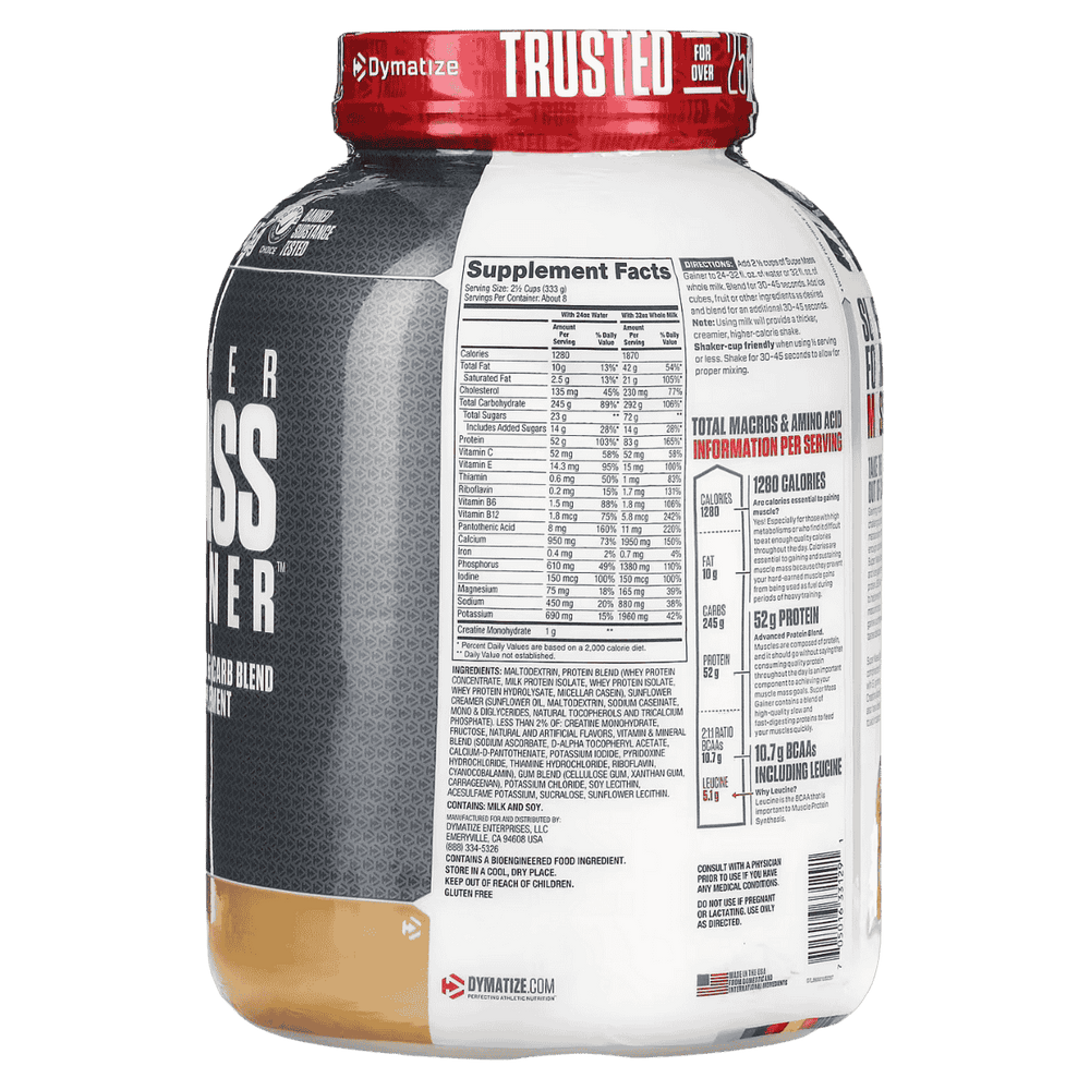 Tabla nutricional de Super Mass Gainer, mostrando su aporte de 1280 calorías y 52g de proteína.
