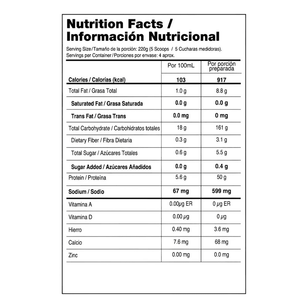 Tabla nutricional de Titan Beef Mass de 2 libras, mostrando su aporte de calorías y proteína de res.
