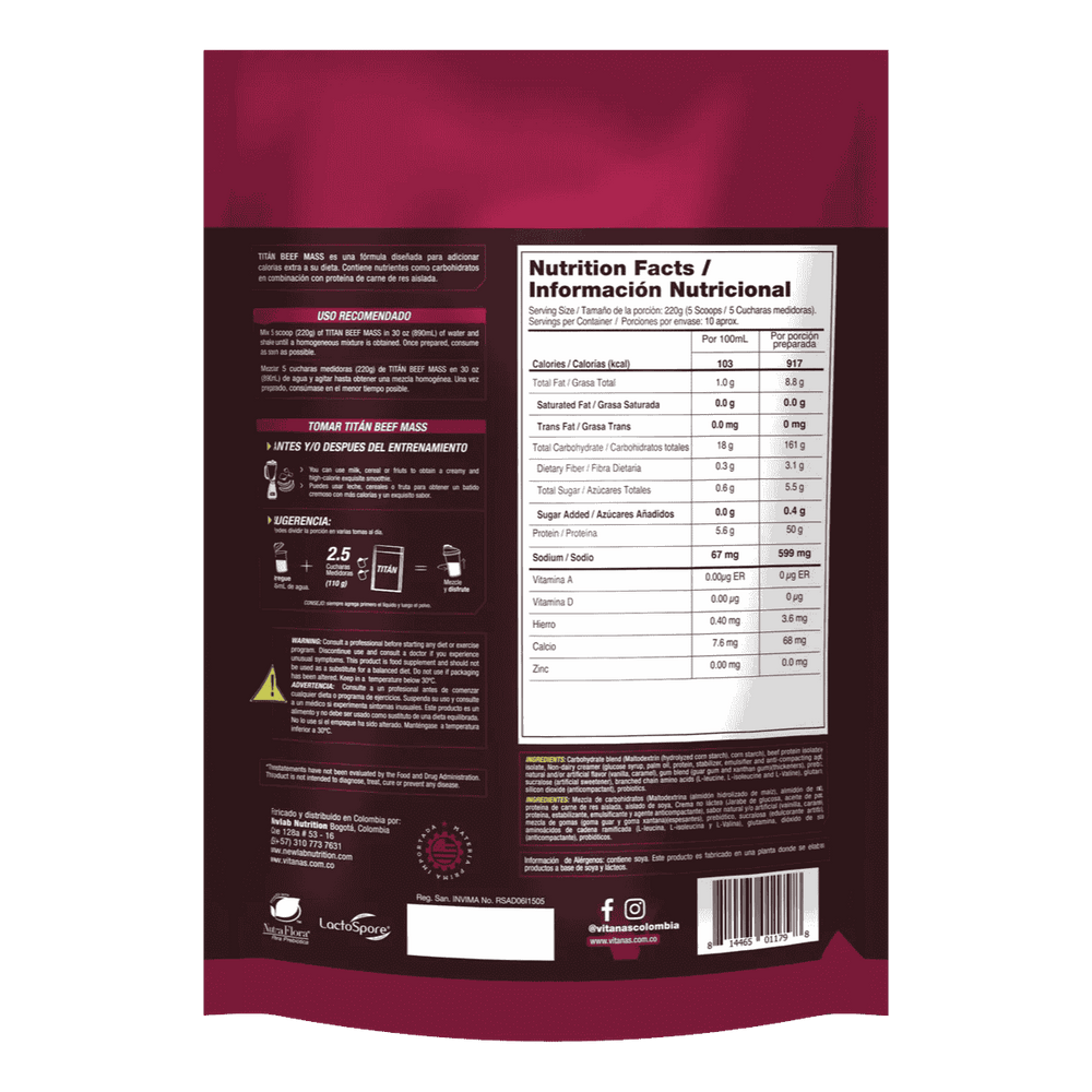 Tabla nutricional de Titan Beef Mass, mostrando su aporte de calorías y proteína de res.