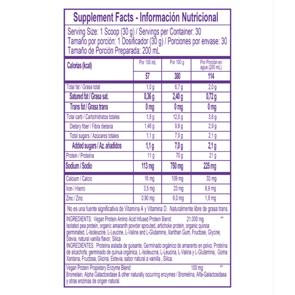 Tabla de ingredientes de proteína vegana de Healthy Sports de 2 libras.
