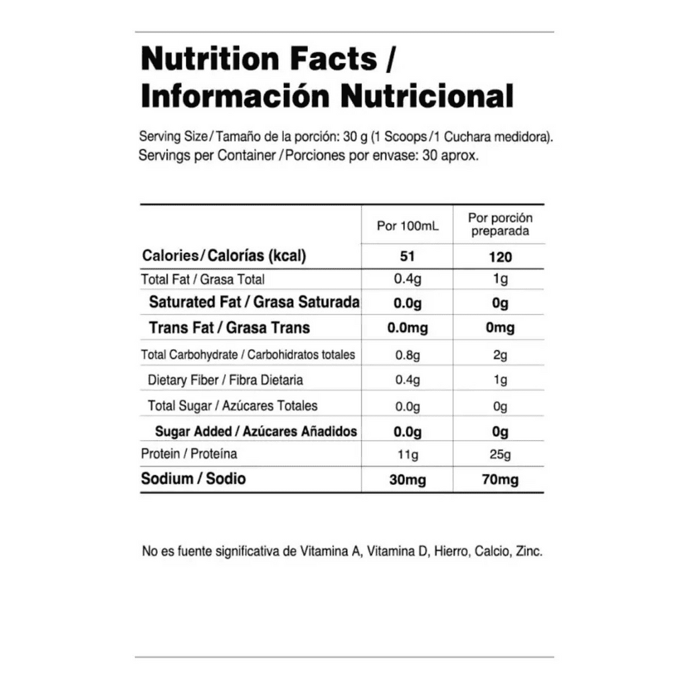 Tabla nutricional de la proteína Whey Elite de Vitanas, mostrando su alto contenido de proteína y BCAAs.