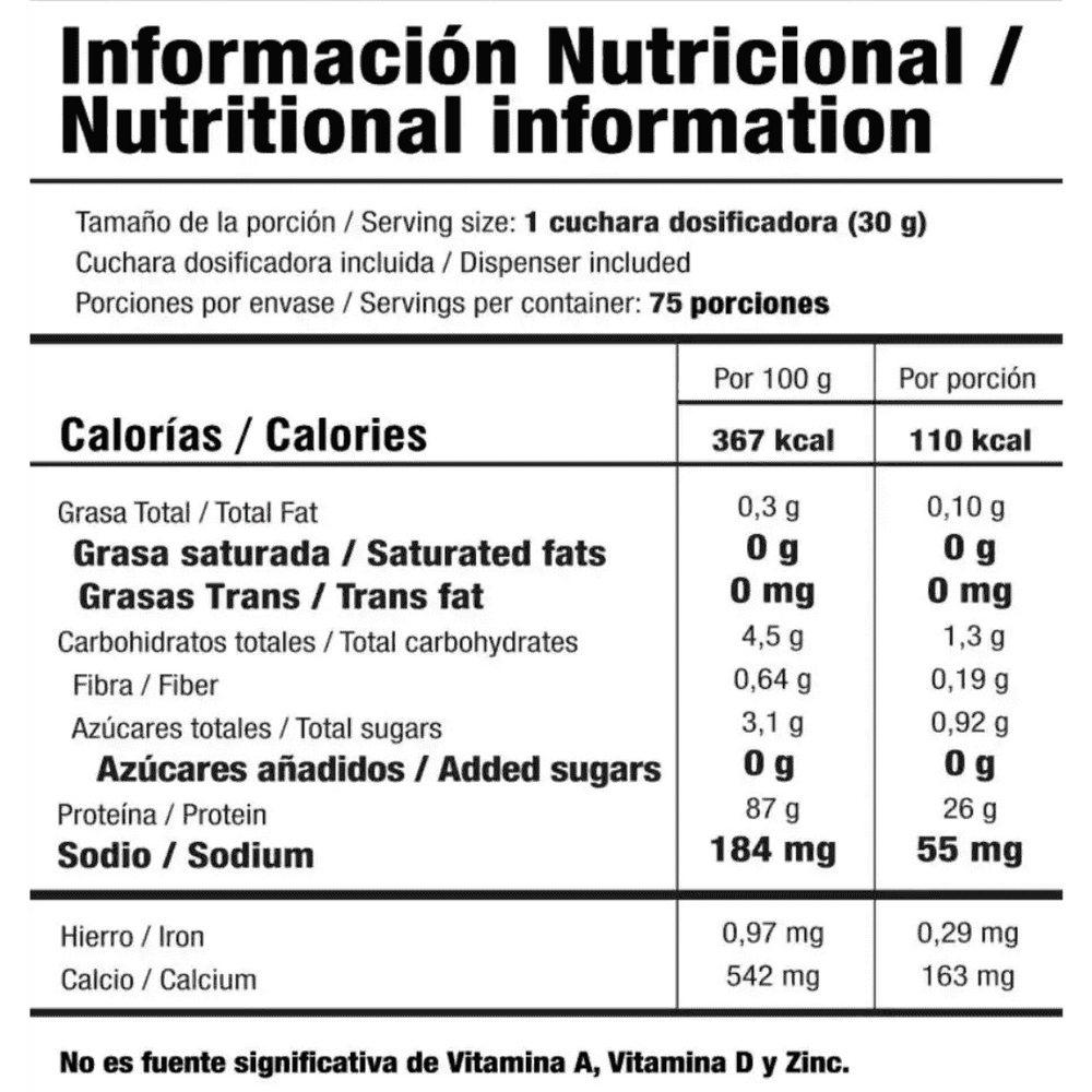 Tabla nutricional de la proteína aislada Whey Pure de 5 libras.