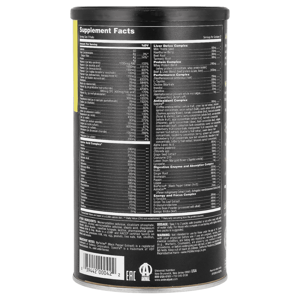 Contenido de un sobre de Animal Pak, mostrando las 11 tabletas y cápsulas.