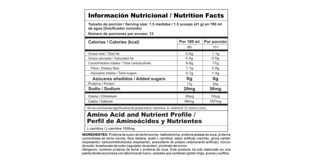 Tabla nutricional de la proteína Mega Lite, destacando su bajo aporte de calorías y carbohidratos por servicio.